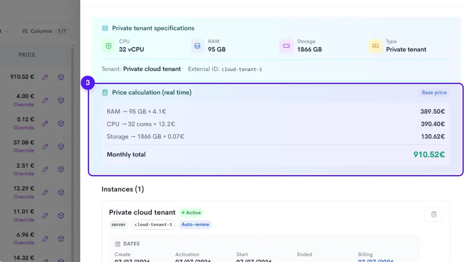 Écran Neoo MSP : spécifications d’un tenant privé, calcul du prix mensuel en temps réel et instance active en renouvellement automatique.