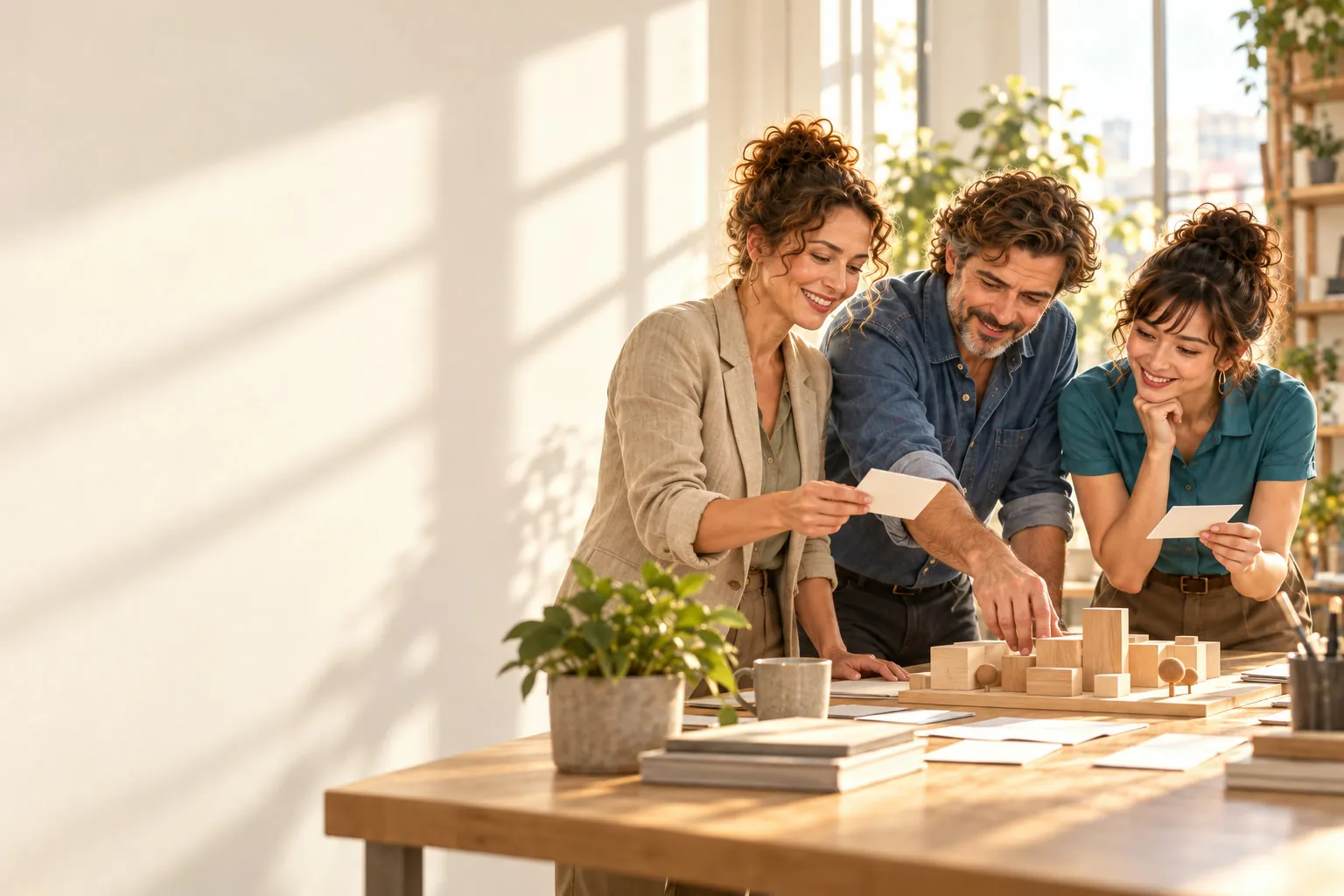 Trois dirigeants d’entreprises différentes comparent leurs besoins autour d’une table d’atelier ensoleillée