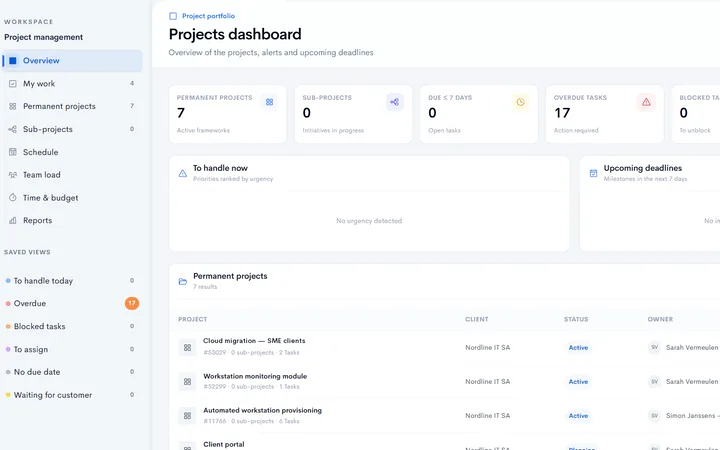Tableau de bord des projets dans Neoo : vues enregistrées, indicateurs et liste des projets avec client, statut et responsable.