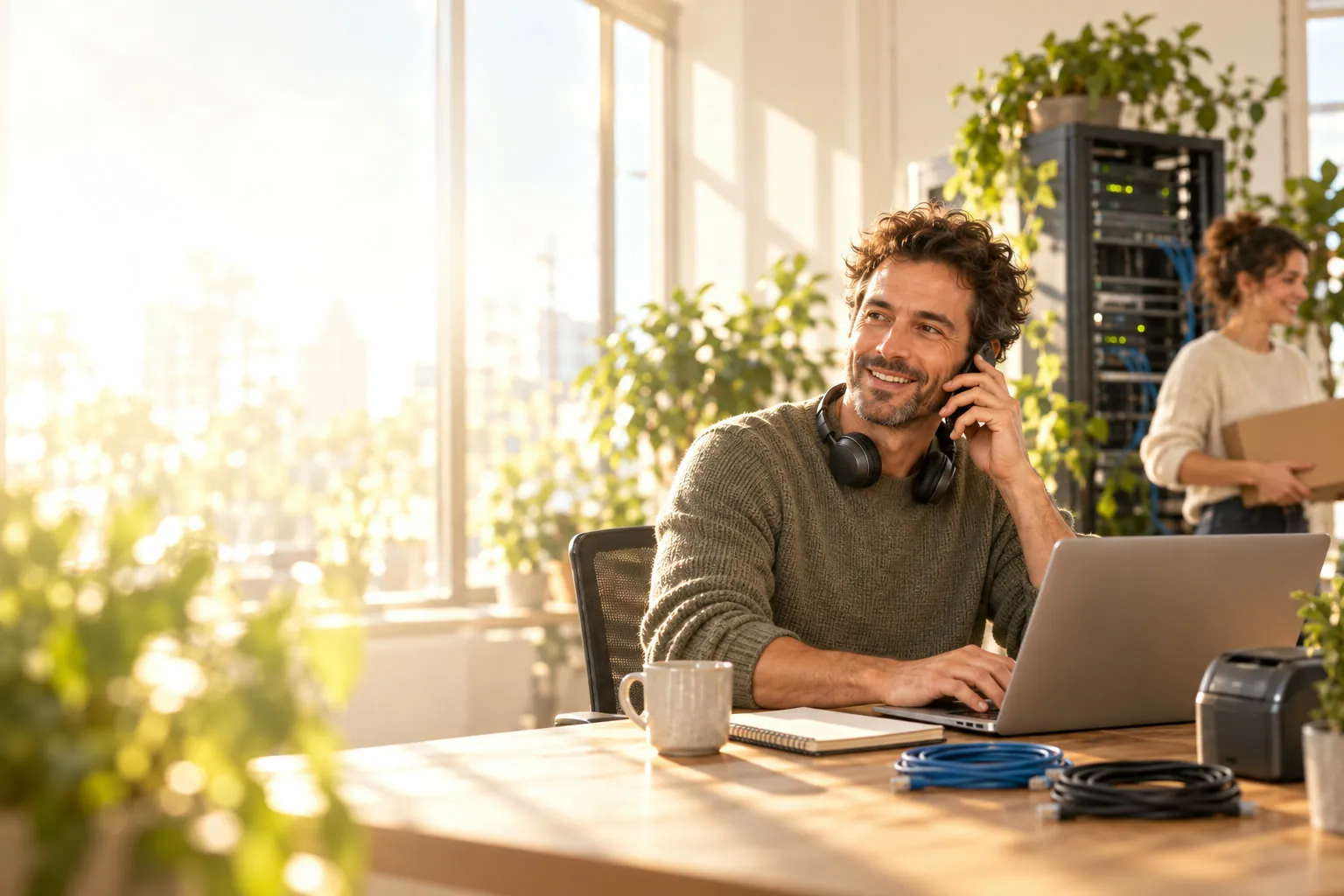 Un technicien d’un prestataire IT au téléphone avec un client, devant son ordinateur portable, dans un bureau ensoleillé ; une collègue passe près d’une baie de serveurs