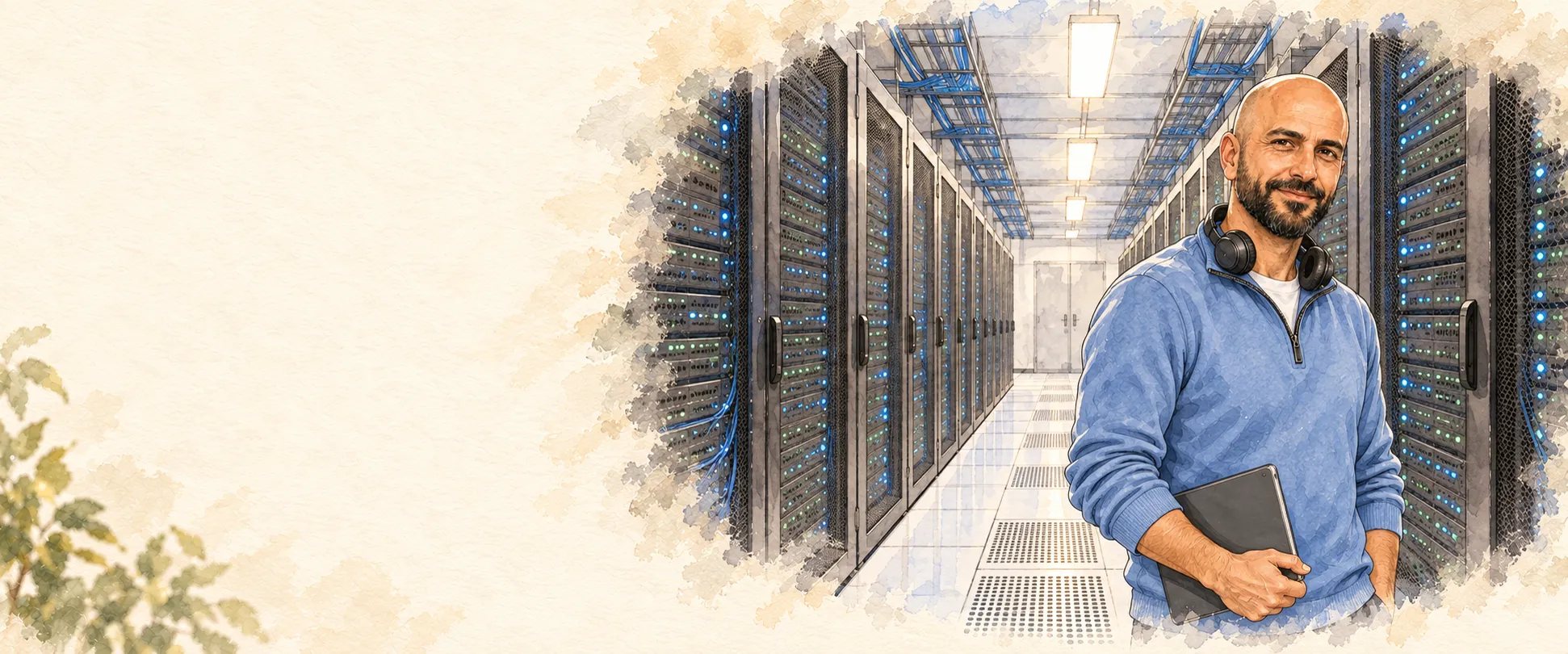 Illustration à l’aquarelle : Bram, expert Cloudbizz, tablette en main dans l’allée d’un datacenter en Belgique.